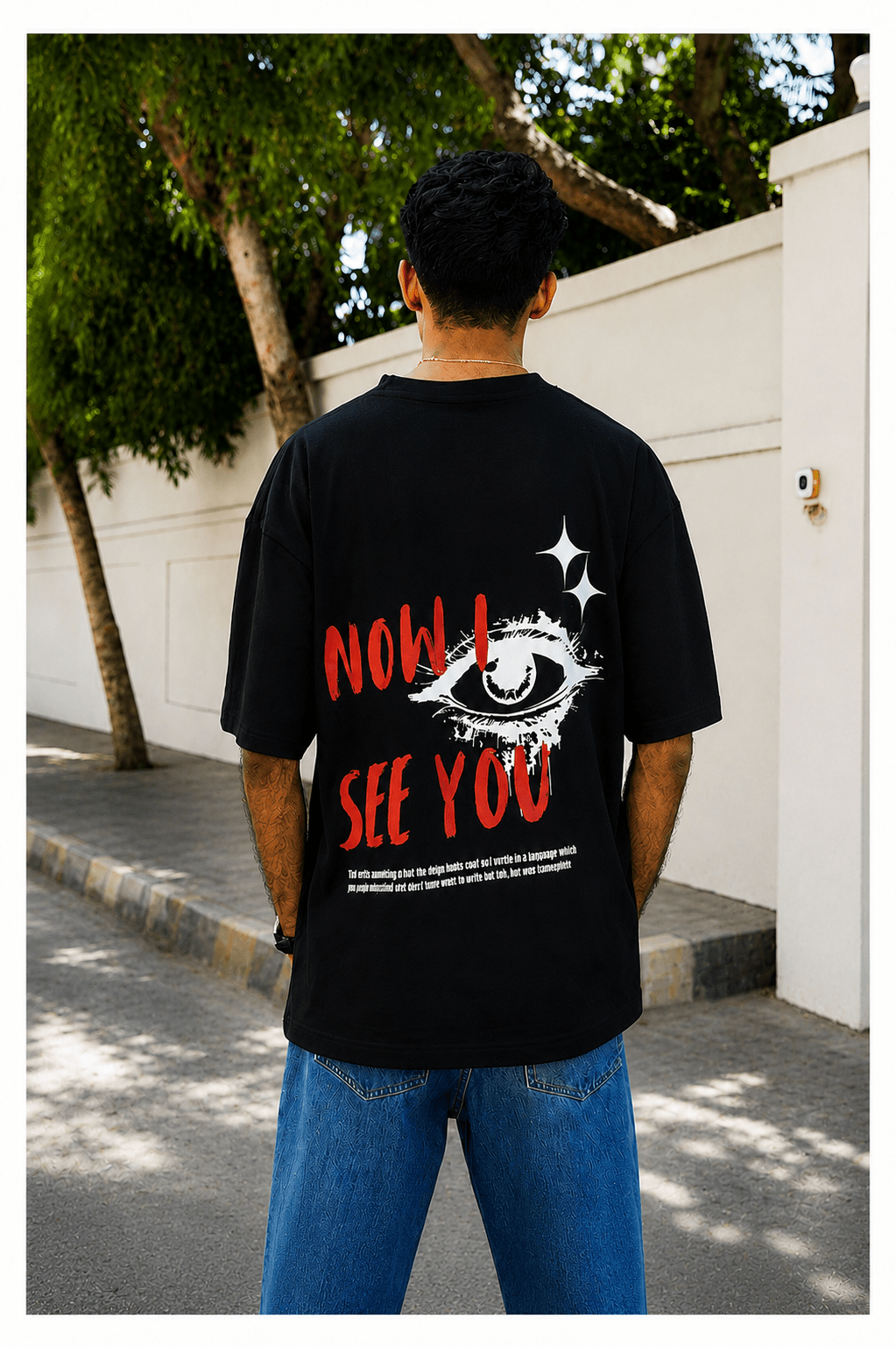 Skribi NOW I SEE YOU graphic tee front - eye graphic chest print, drop shoulder, Drop 01