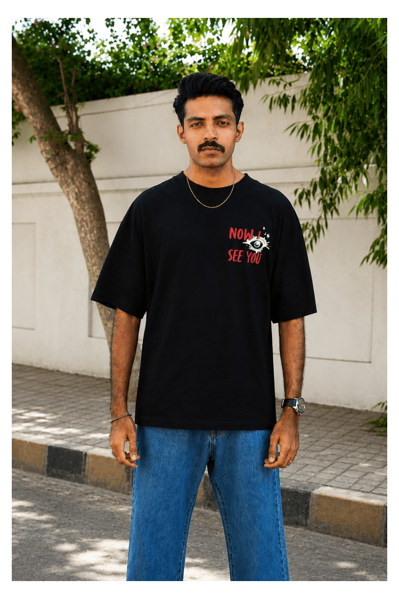 Skribi NOW I SEE YOU graphic tee detail - chest print close up, 170 GSM cotton