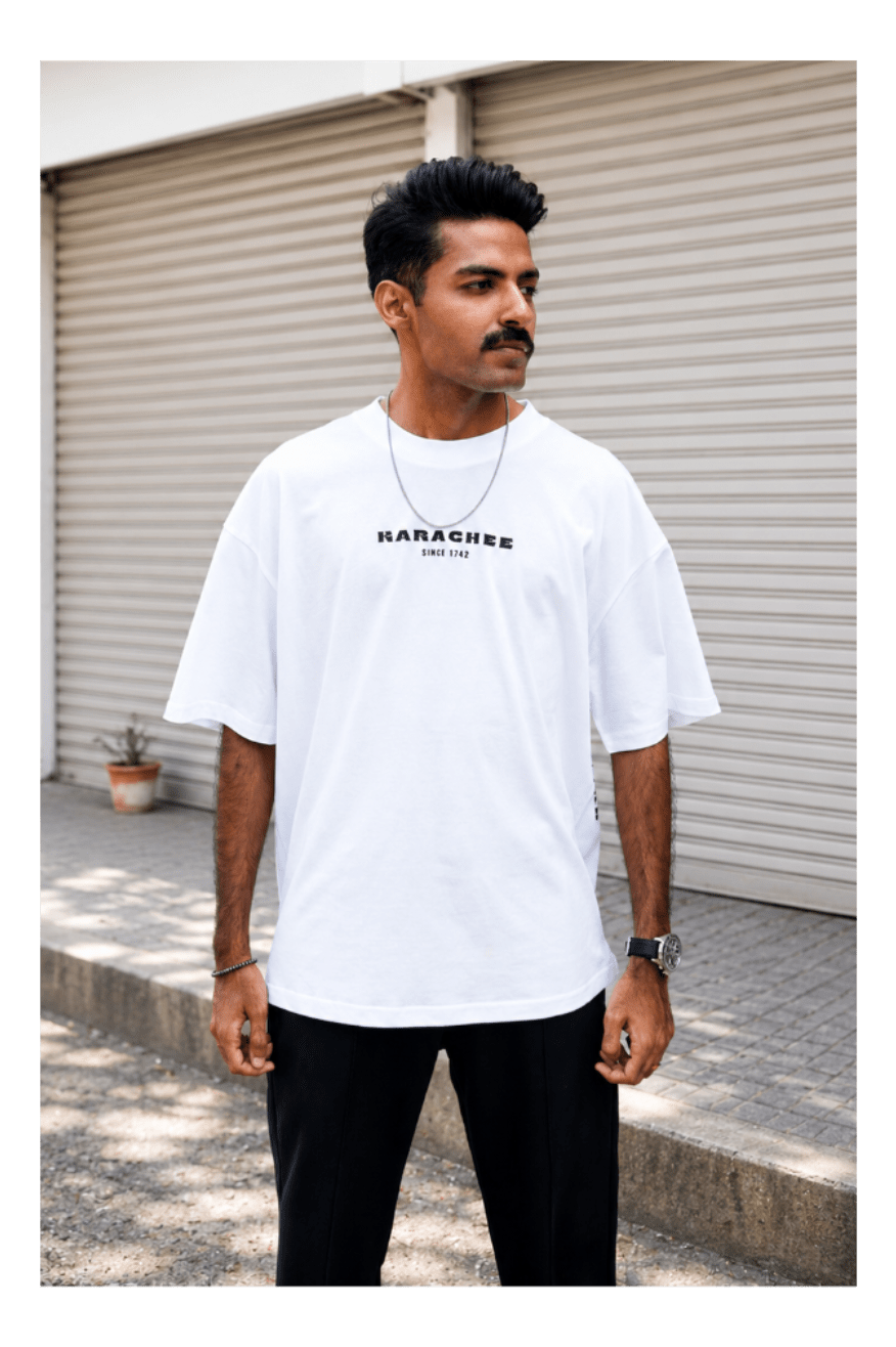 Skribi KARACHEE graphic tee back - full Karachi city illustration, buildings and buses, Drop 01