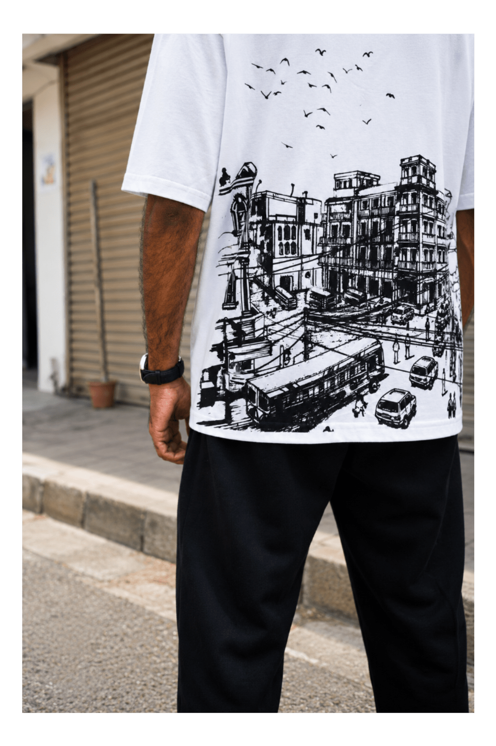 Skribi KARACHEE graphic tee detail - chest print close up, 170 GSM drop shoulder cotton