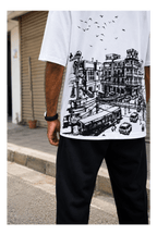Skribi KARACHEE graphic tee detail - chest print close up, 170 GSM drop shoulder cotton