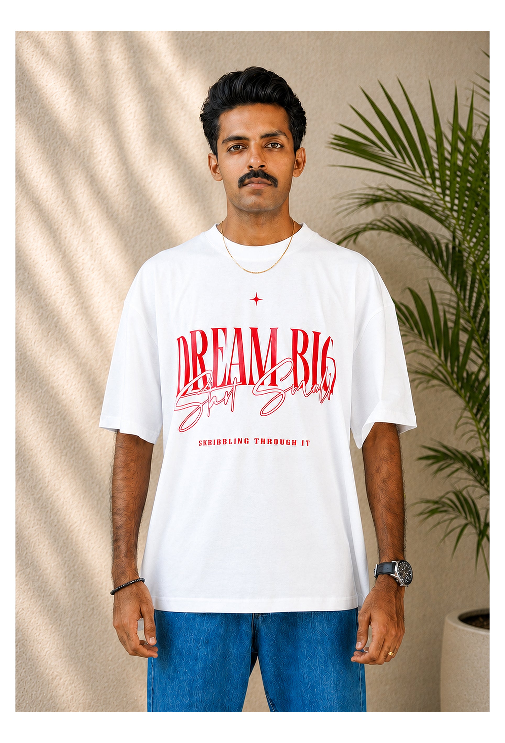 Skribi DREAM BIG graphic tee front - red typography on black, drop shoulder, Drop 01