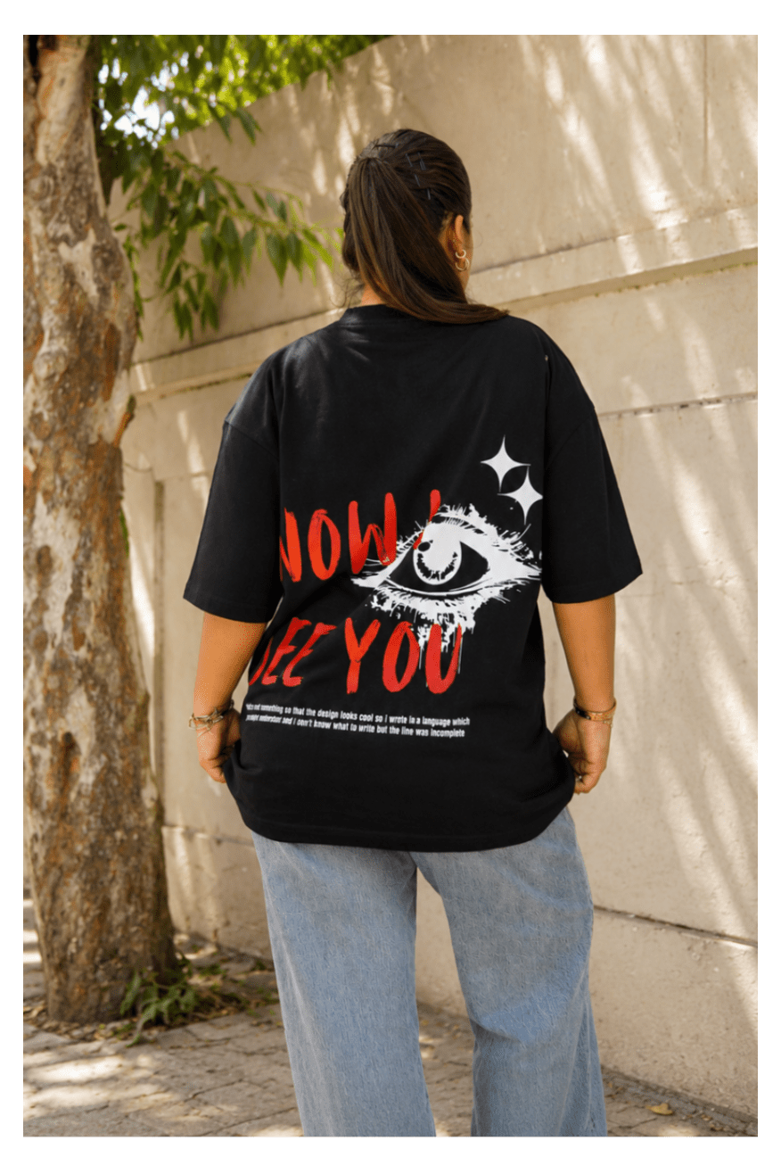 Skribi NOW I SEE YOU graphic tee worn - oversized drop shoulder fit, Pakistani streetwear