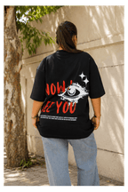 Skribi NOW I SEE YOU graphic tee worn - oversized drop shoulder fit, Pakistani streetwear