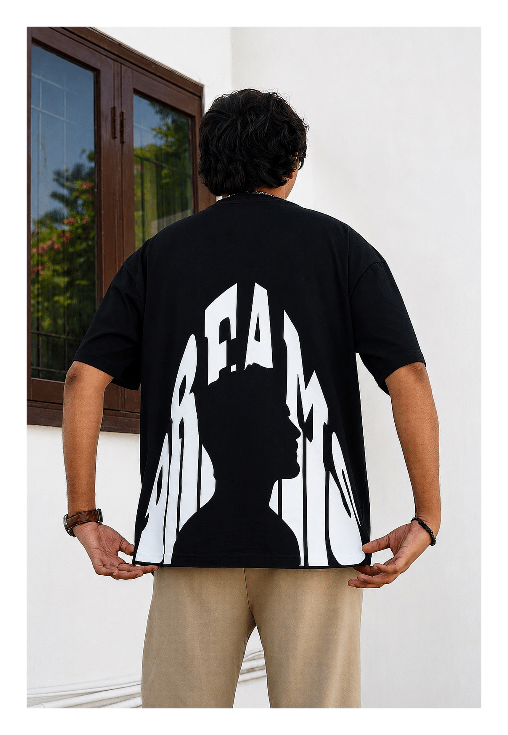 Skribi DREAMS graphic tee front - silhouette made from the word DREAM, drop shoulder, Drop 01