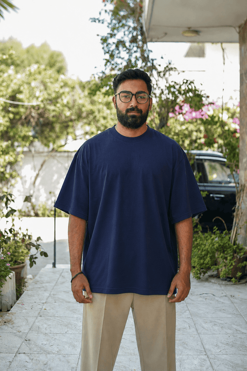 Skribi blank tee navy front - heavyweight oversized drop shoulder cotton, The Blanks