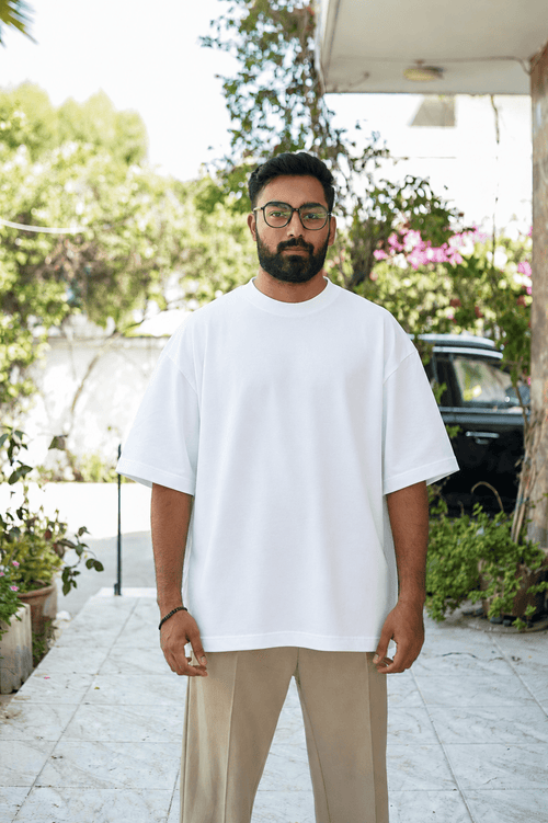 Skribi blank tee white front - heavyweight oversized drop shoulder cotton, The Blanks
