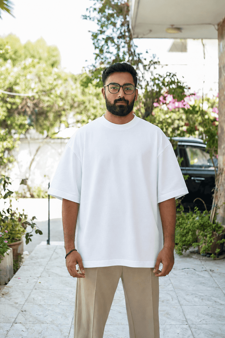 Skribi blank tee white front - heavyweight oversized drop shoulder cotton, The Blanks